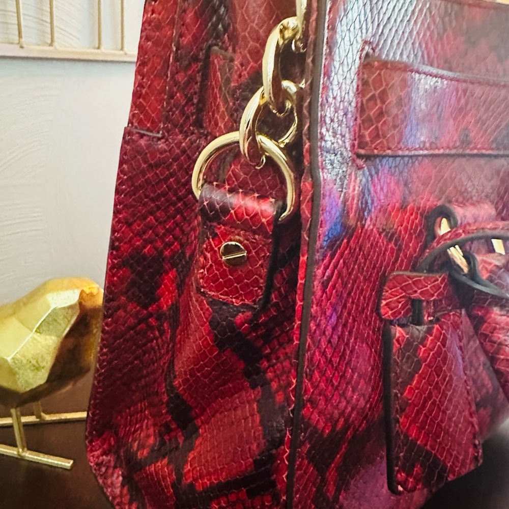 Michael Kors Hamilton Red Snake Print Embossed Handbag Iconic MK‎ Gold Hardware - Picture 10 of 16